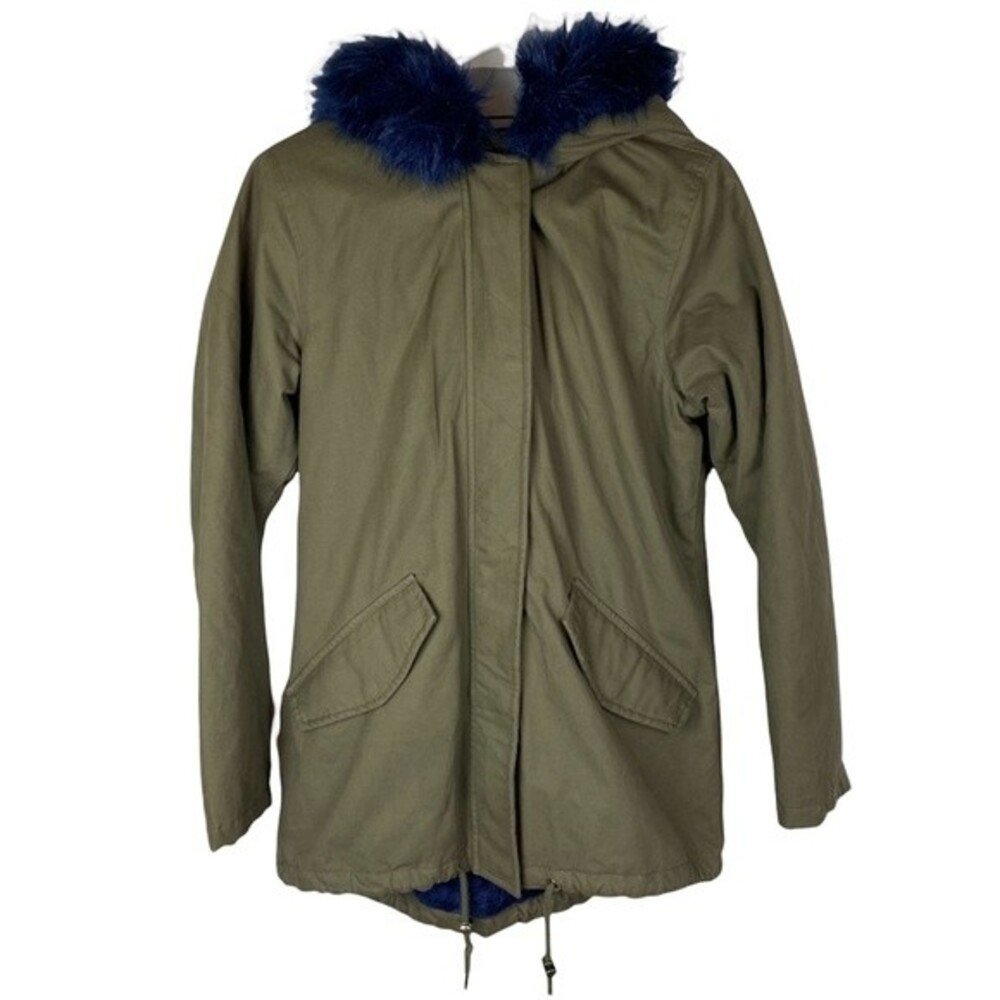 Brave Soul Parka Jacket Womens Extra Small Olive Gray Blue Hooded Faux Fur